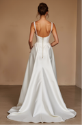 Detachable Train Wedding Dress - Short Satin Skirt with Lace Straps & Corset Top