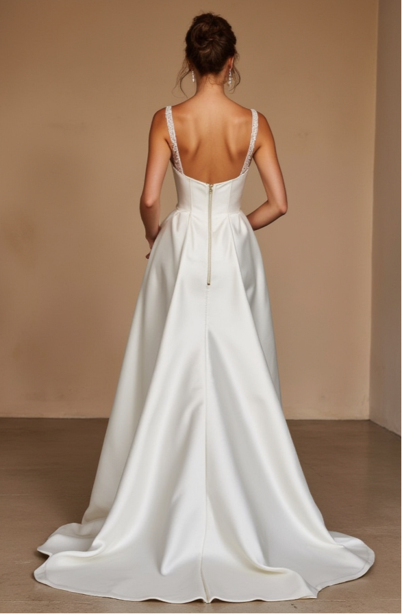 Detachable Train Wedding Dress - Short Satin Skirt with Lace Straps & Corset Top