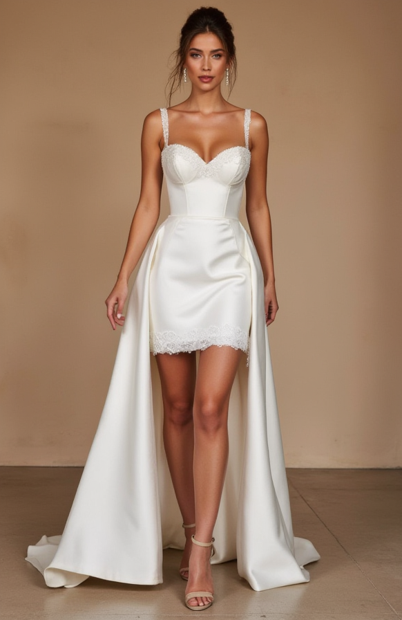 Detachable Train Wedding Dress - Short Satin Skirt with Lace Straps & Corset Top