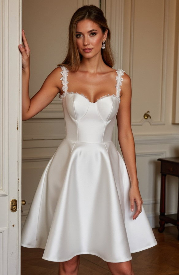 Short Satin Wedding Dress - Floral Lace Straps & Corset Bodice