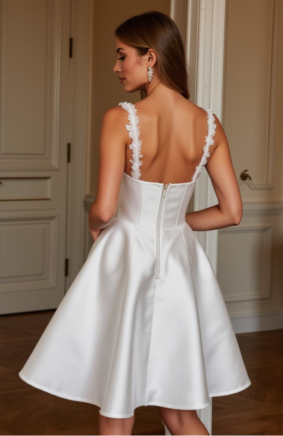 Short Satin Wedding Dress - Floral Lace Straps & Corset Bodice