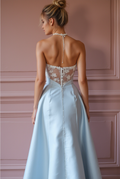 Glamorous Blue Prom Dress and Evening Gown with Floral Details for a Soft Look