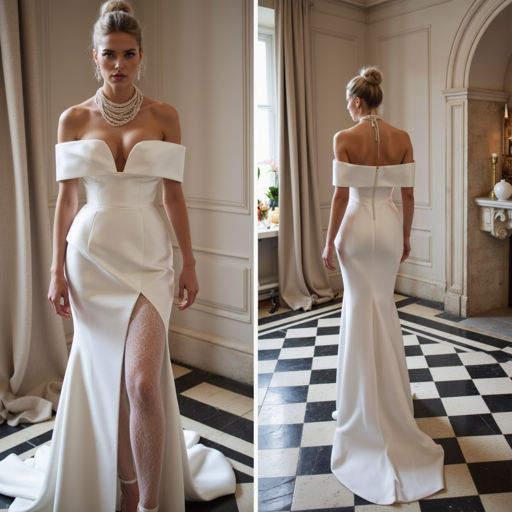 Minimalist Satin Wedding Dress with Off-the-Shoulder Neckline and Flowing Train