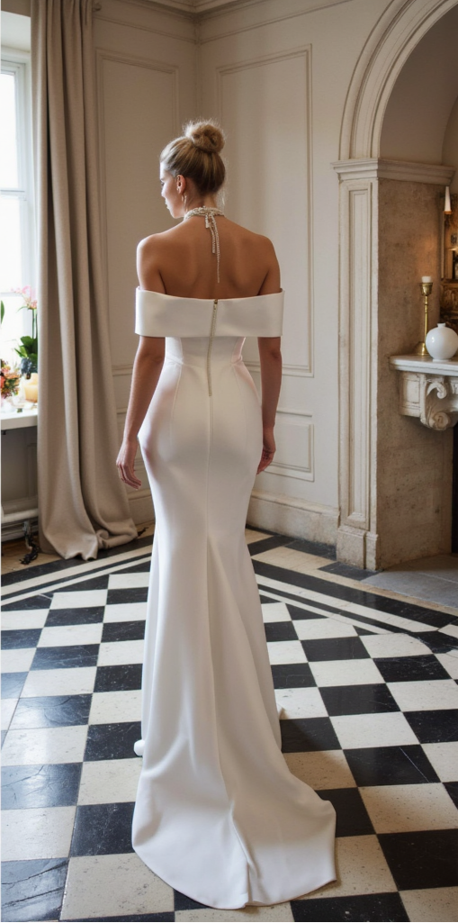 Minimalist Satin Wedding Dress with Off-the-Shoulder Neckline and Flowing Train