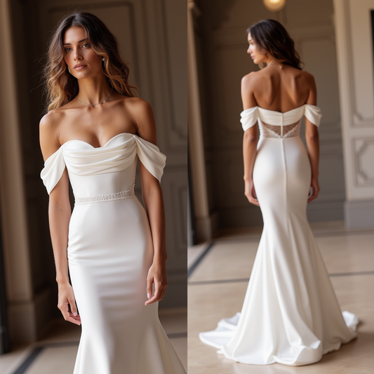 Off-Shoulder Satin Wedding Dress with Beaded Waist and Lace Back