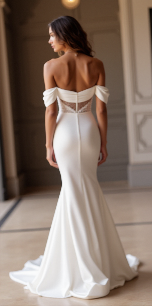 Off-Shoulder Satin Wedding Dress with Beaded Waist and Lace Back