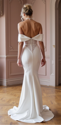 Elegant Off-Shoulder Satin Wedding Gown with Corset Bodice & Lace Back