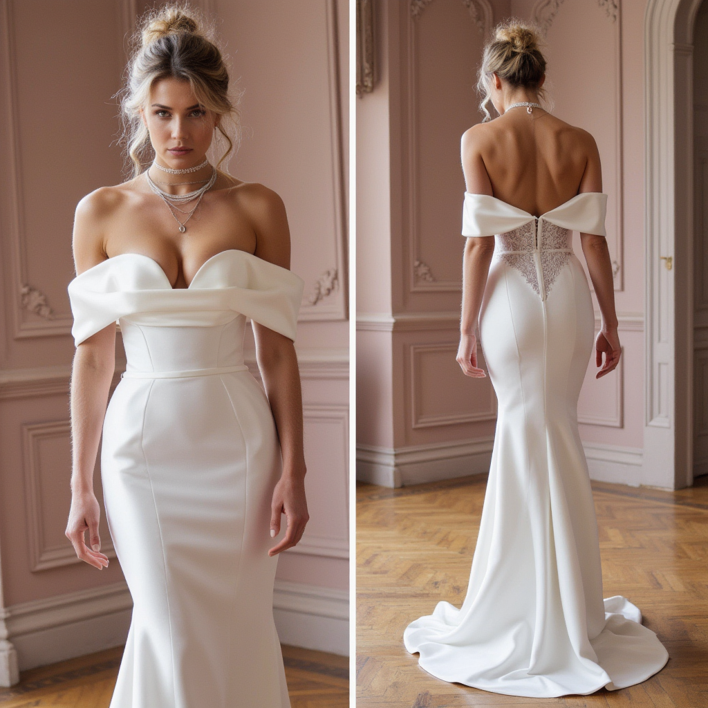 Elegant Off-Shoulder Satin Wedding Gown with Corset Bodice & Lace Back