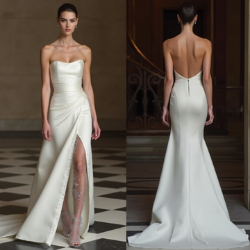 Strapless A-line Wedding Dress, Deep Slit Wedding Dress, White Satin dress