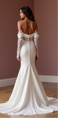 Timeless Off-Shoulder Satin Wedding Dress with Lace Sleeves & Mermaid Silhouette