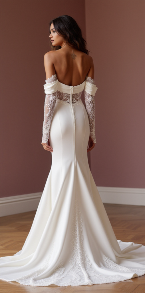 Timeless Off-Shoulder Satin Wedding Dress with Lace Sleeves & Mermaid Silhouette