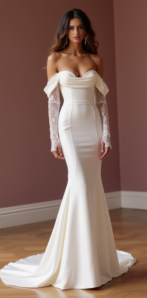Timeless Off-Shoulder Satin Wedding Dress with Lace Sleeves & Mermaid Silhouette