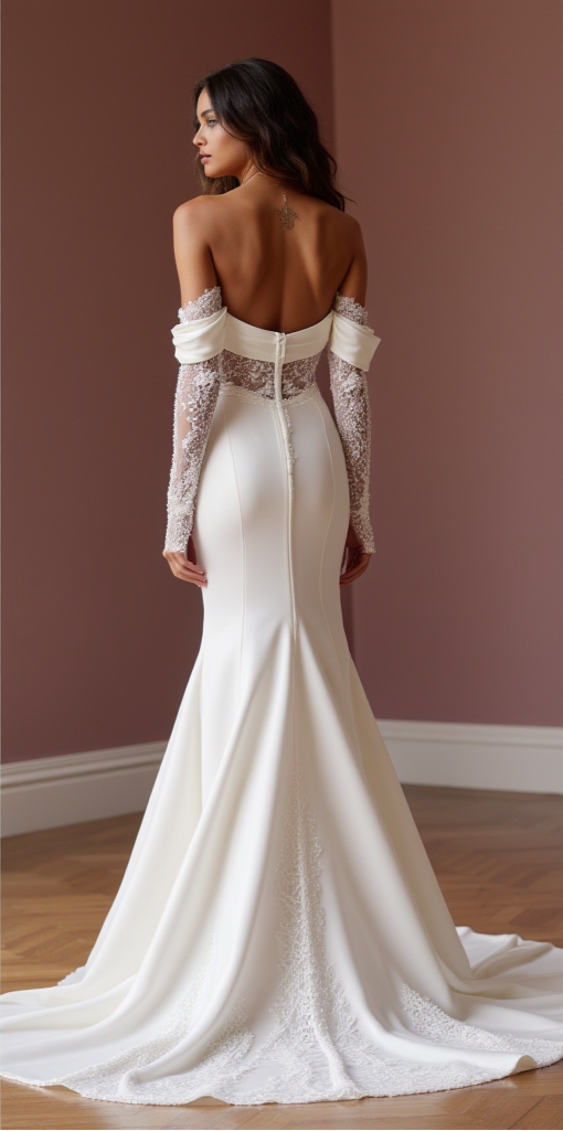 Off-Shoulder Satin Bridal Gown with Lace Sleeves and Fitted Silhouette