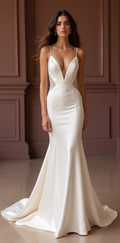 Sleek Satin Mermaid Wedding Dress with Plunging Neckline