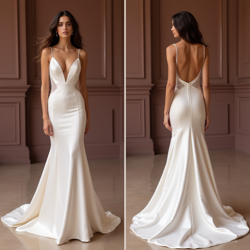 Sleek Satin Mermaid Wedding Dress with Plunging Neckline
