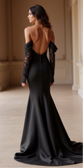 Elegant Black Satin Mermaid Gown with Lace Sleeves