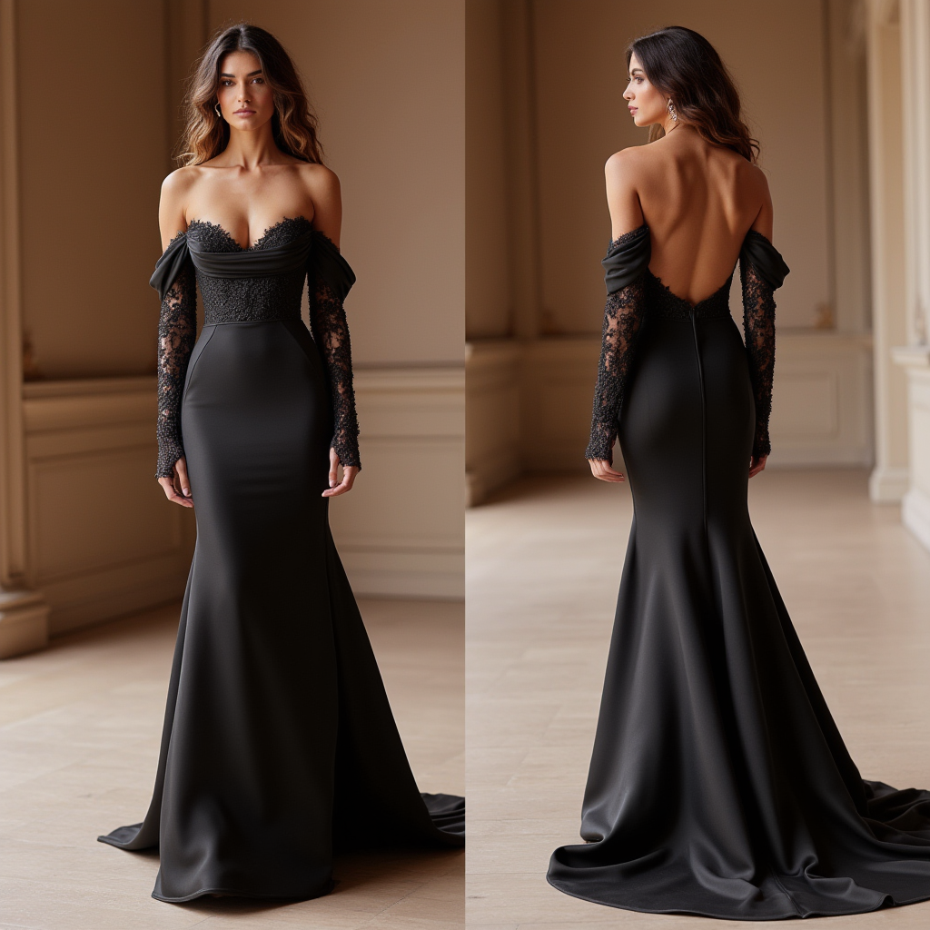 Elegant Black Satin Mermaid Gown with Lace Sleeves