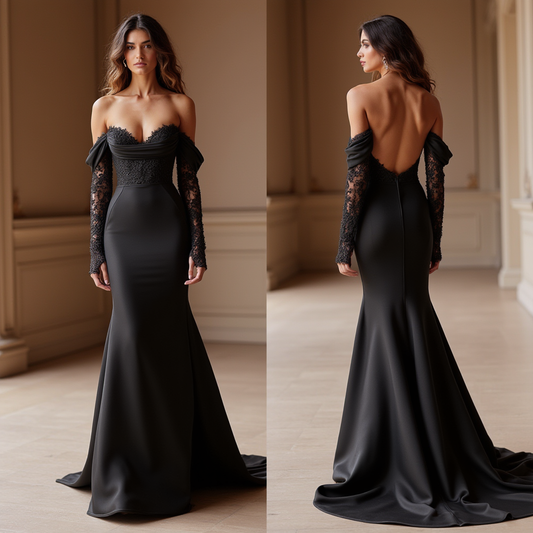 Black Satin Mermaid Gown with Lace Sleeves and Sweetheart Neckline


