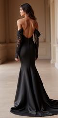 Black Satin Mermaid Gown with Lace Sleeves and Sweetheart Neckline

