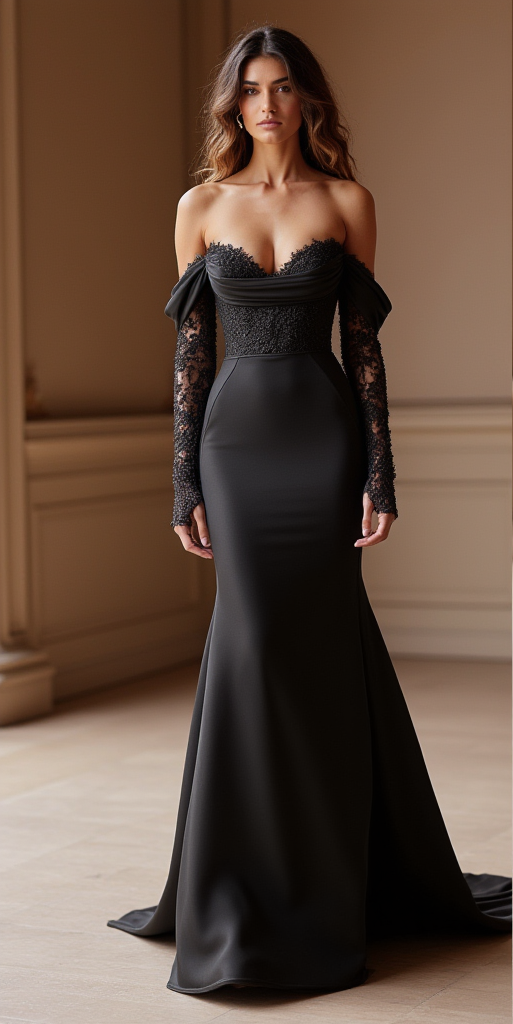 Black Satin Mermaid Gown with Lace Sleeves and Sweetheart Neckline

