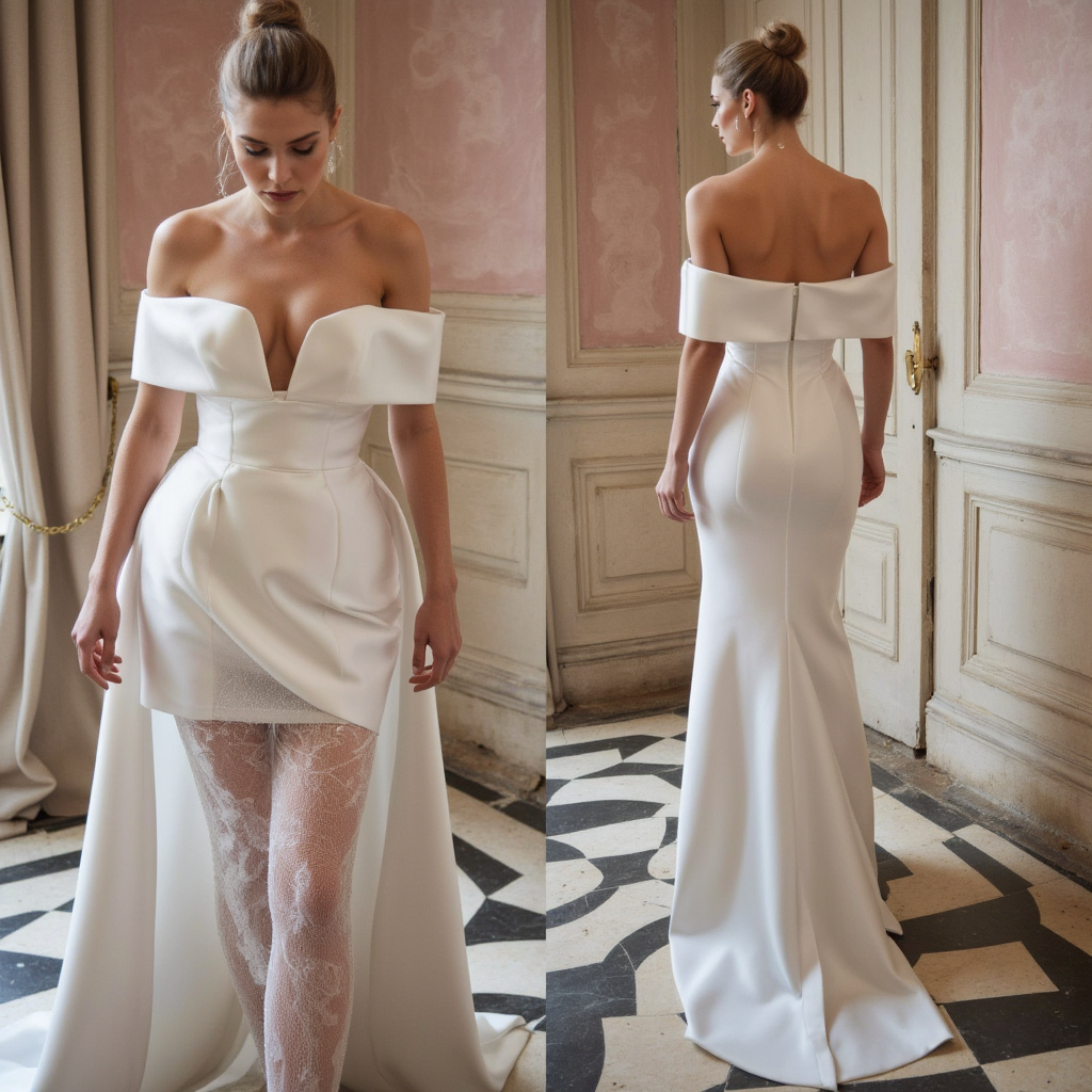 Modern Chic Satin Wedding Dress with Structured Bodice and Off-Shoulder Sleeves