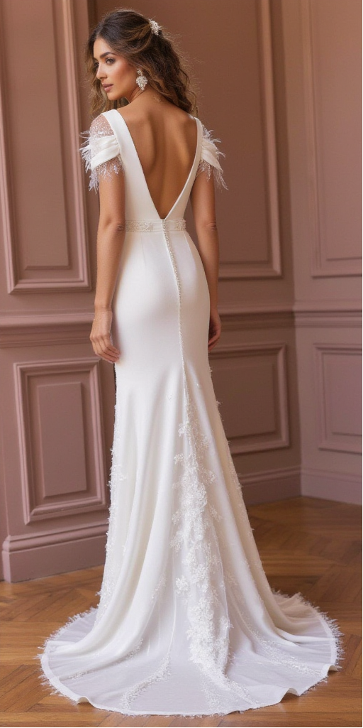 Elegant V-Neck Mermaid Wedding Gown with Feathered Cap Sleeves