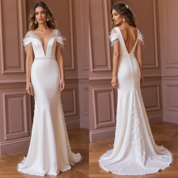 Elegant V-Neck Mermaid Wedding Gown with Feathered Cap Sleeves