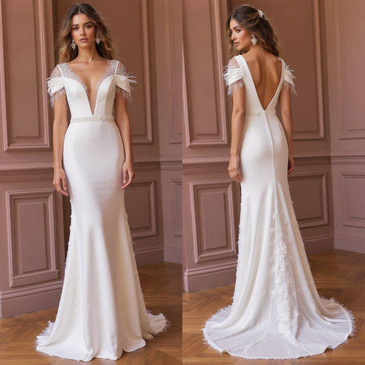 Mermaid Wedding Gown with Lace Strap and Deep V-Back
