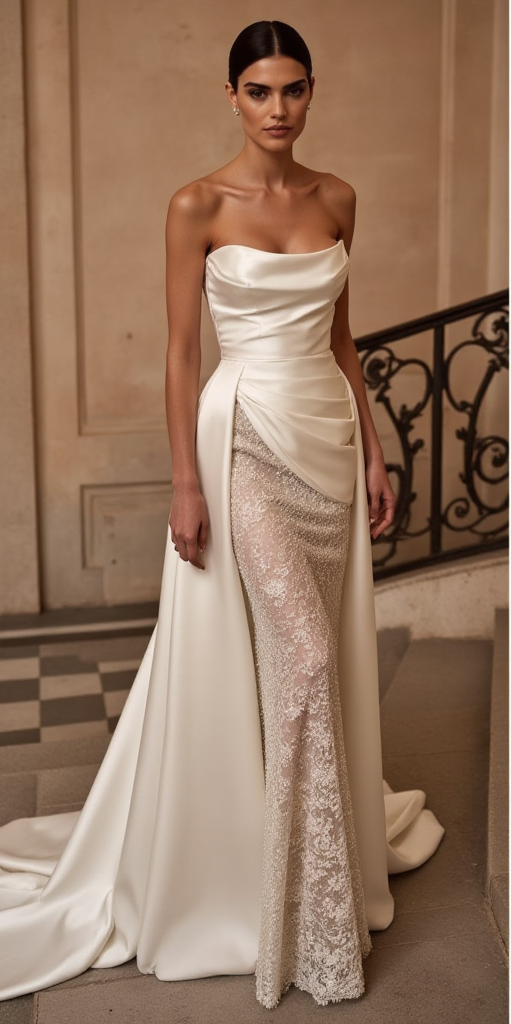 Modern Satin Wedding Dress with Draped Cowl Neck, Lace Slit, and Flowing Train