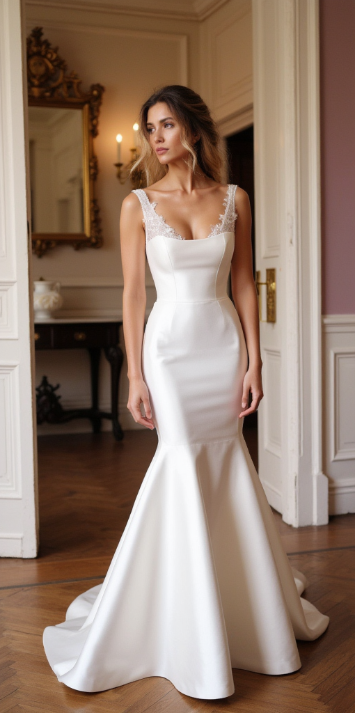 "Elegant Mermaid Wedding Gown with Deep V Back & Lace Straps