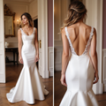 Sleek Satin Wedding Dress with Beaded Straps and Open Back