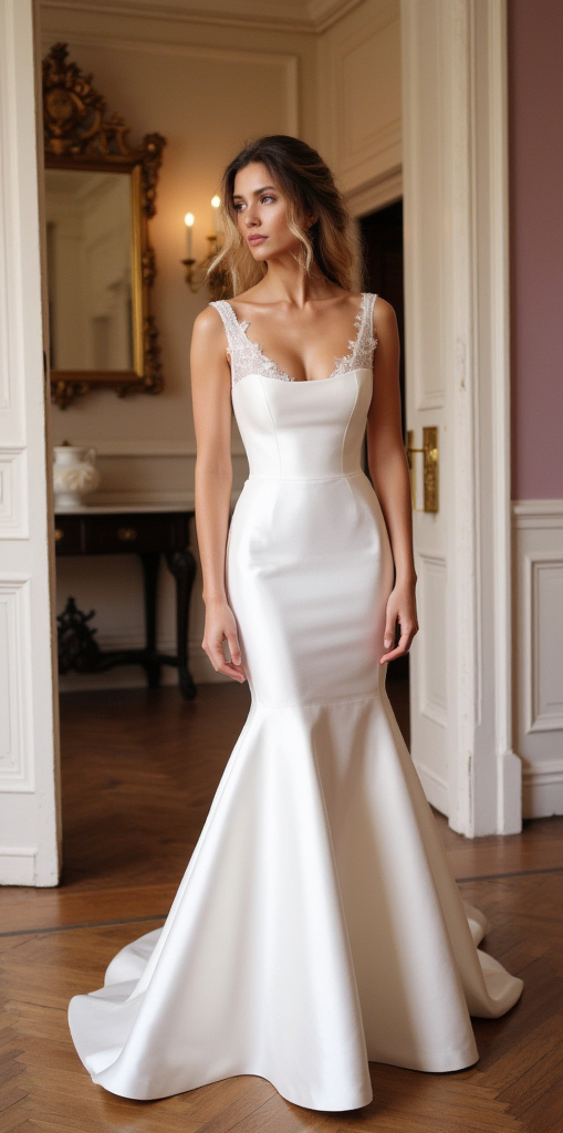 Sleek Satin Wedding Dress with Beaded Straps and Open Back