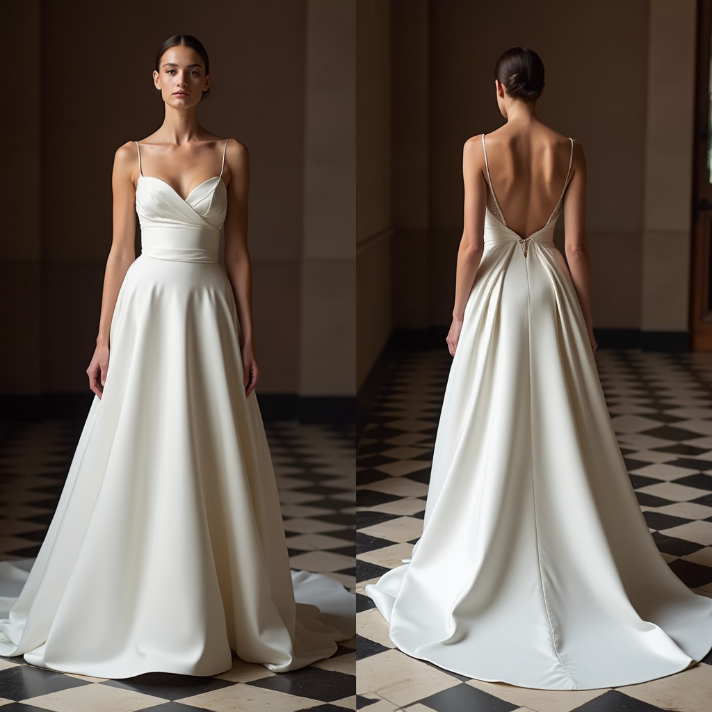 Satin Spaghetti Strap Princess Wedding Dress, Modern, Sleek, And Minimalist Style
