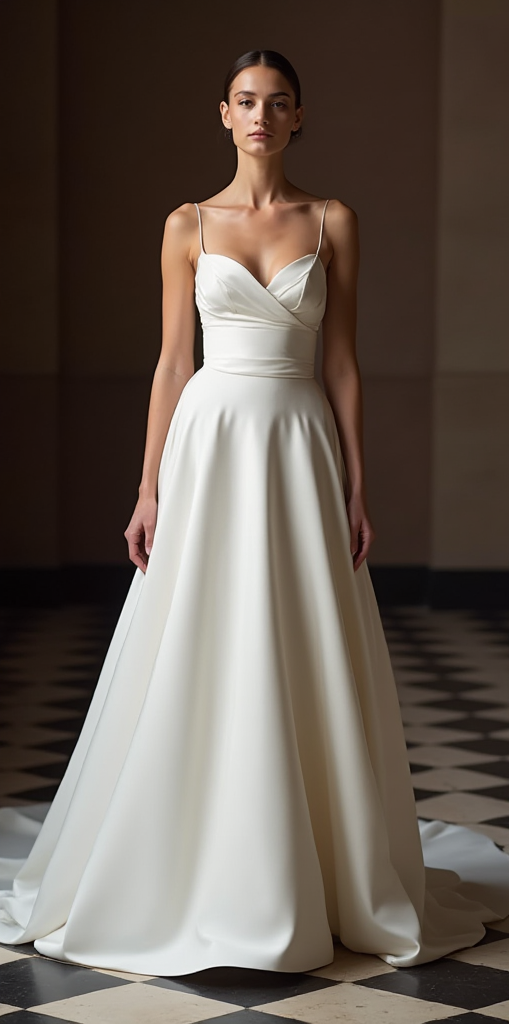 Satin Spaghetti Strap Princess Wedding Dress, Modern, Sleek, And Minimalist Style

