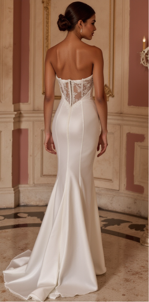 Modern Satin Corset Wedding Dress with Structured Draping and Illusion Lace Back