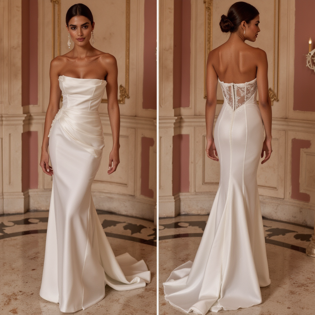 Modern Satin Corset Wedding Dress with Structured Draping and Illusion Lace Back