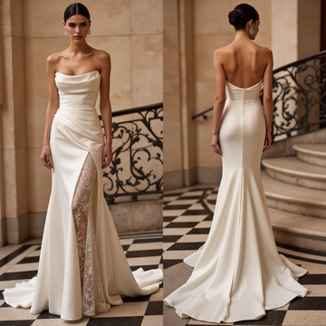 Glamorous Satin and Lace Wedding Gown with Sleek Open Back