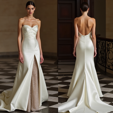 Sexy A-line Wedding Dress, Deep Slit Wedding Dress, Sensual Satin Gown With a twist.
