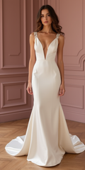 Elegant Satin Mermaid Wedding Dress with Plunging Neckline and Lace-Embellished Back