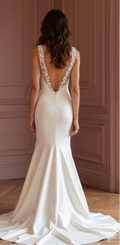 Elegant Satin Mermaid Wedding Dress with Plunging Neckline and Lace-Embellished Back