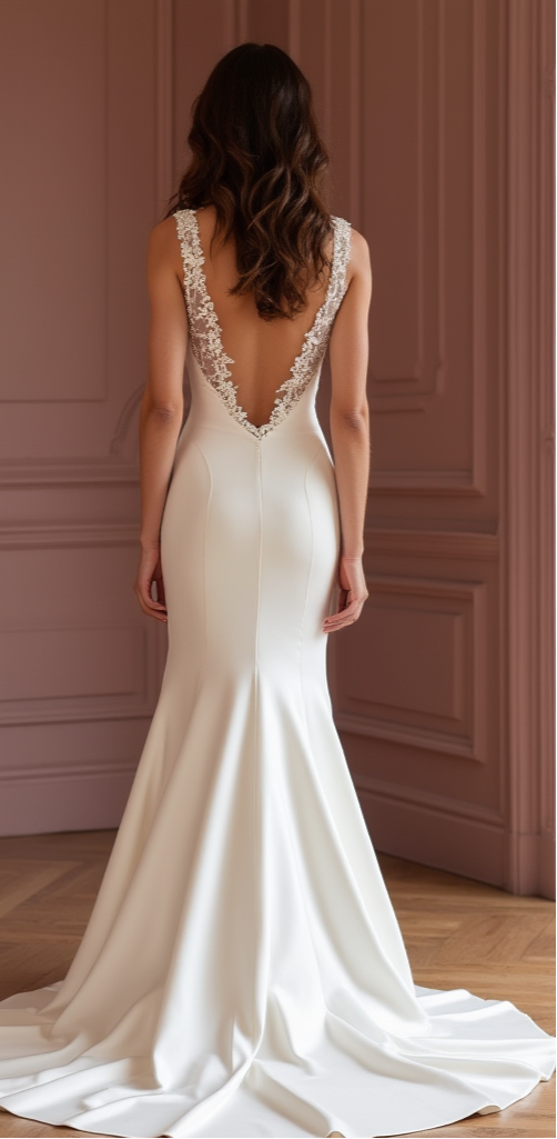 Elegant Satin Mermaid Wedding Dress with Plunging Neckline and Lace-Embellished Back