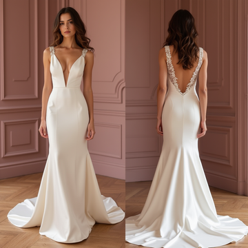 Elegant Satin Mermaid Wedding Dress with Plunging Neckline and Lace-Embellished Back