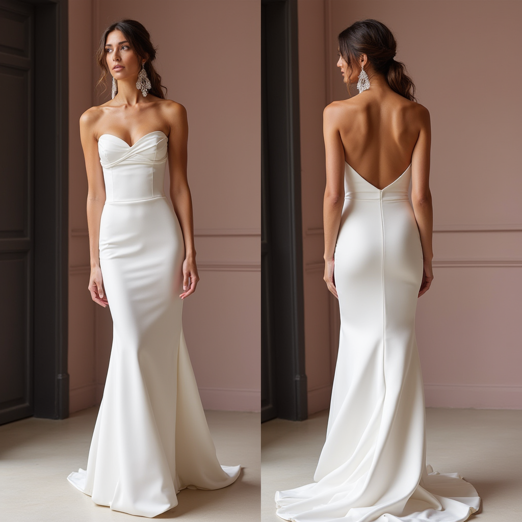 Minimalist Strapless Satin Mermaid Wedding Dress with Draped Bodice and Low Back