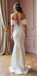Modern Off-Shoulder Satin Mermaid Wedding Dress with Sculptural Bodice and Lace Back