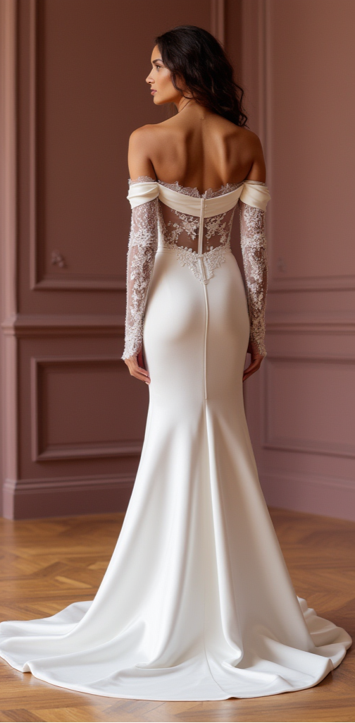 Elegant Off-Shoulder Satin Wedding Dress with Lace Corset and Sheer Sleeves