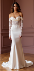 Elegant Off-Shoulder Satin Wedding Dress with Lace Corset and Sheer Sleeves