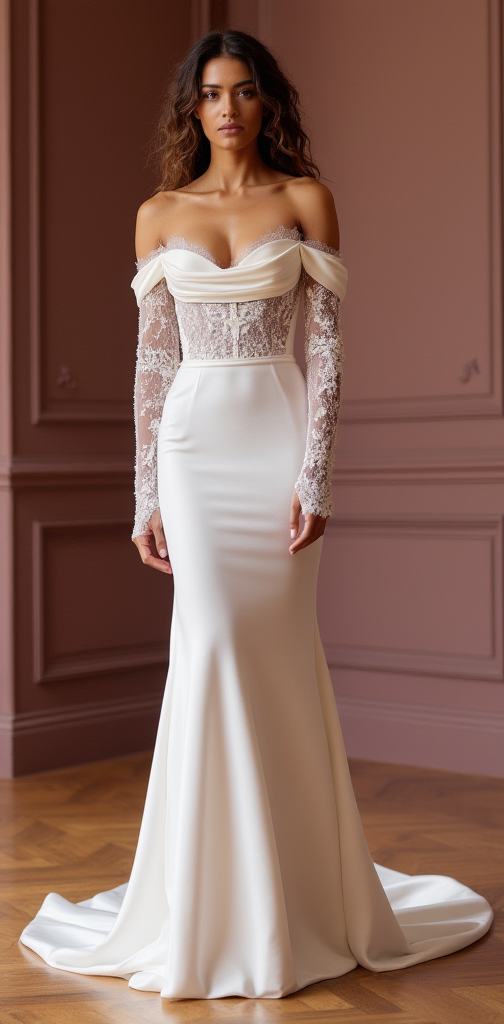 Elegant Off-Shoulder Satin Wedding Dress with Lace Corset and Sheer Sleeves