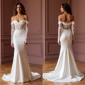Elegant Off-Shoulder Satin Wedding Dress with Lace Corset and Sheer Sleeves