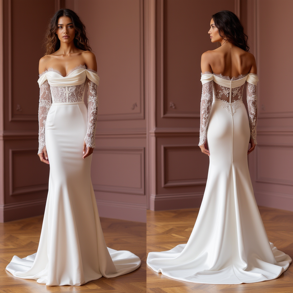 Elegant Off-Shoulder Satin Wedding Dress with Lace Corset and Sheer Sleeves