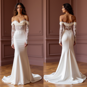 Elegant Off-Shoulder Satin Wedding Dress with Lace Corset and Sheer Sleeves